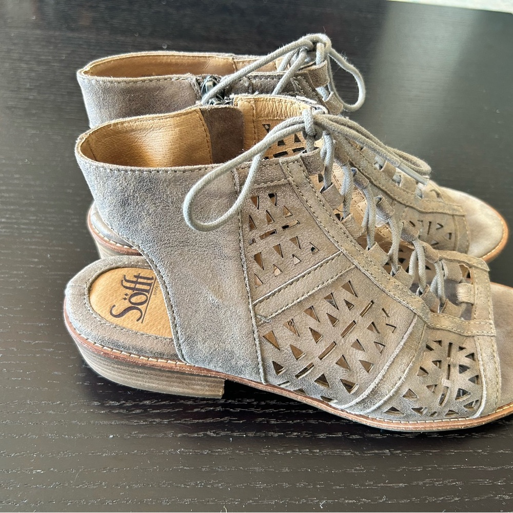 Sofft Gray Laser-Cut Sandals with Lace-Up Design